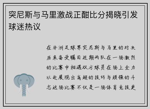 突尼斯与马里激战正酣比分揭晓引发球迷热议